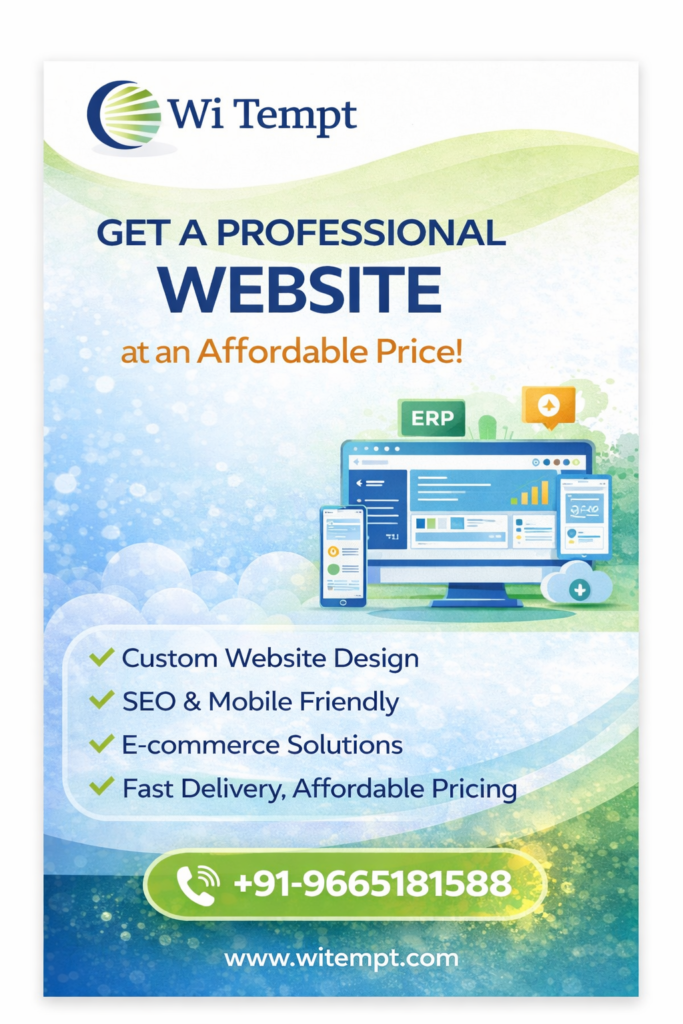 Wi Tempt banner ad: Get professional website with SEO, e-commerce, mobile design at affordable price, contact +91-9404804762